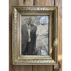 Antique Ornate Hand Carved Wood Metal Picture Photo Frame W/Old Photo Of Couple